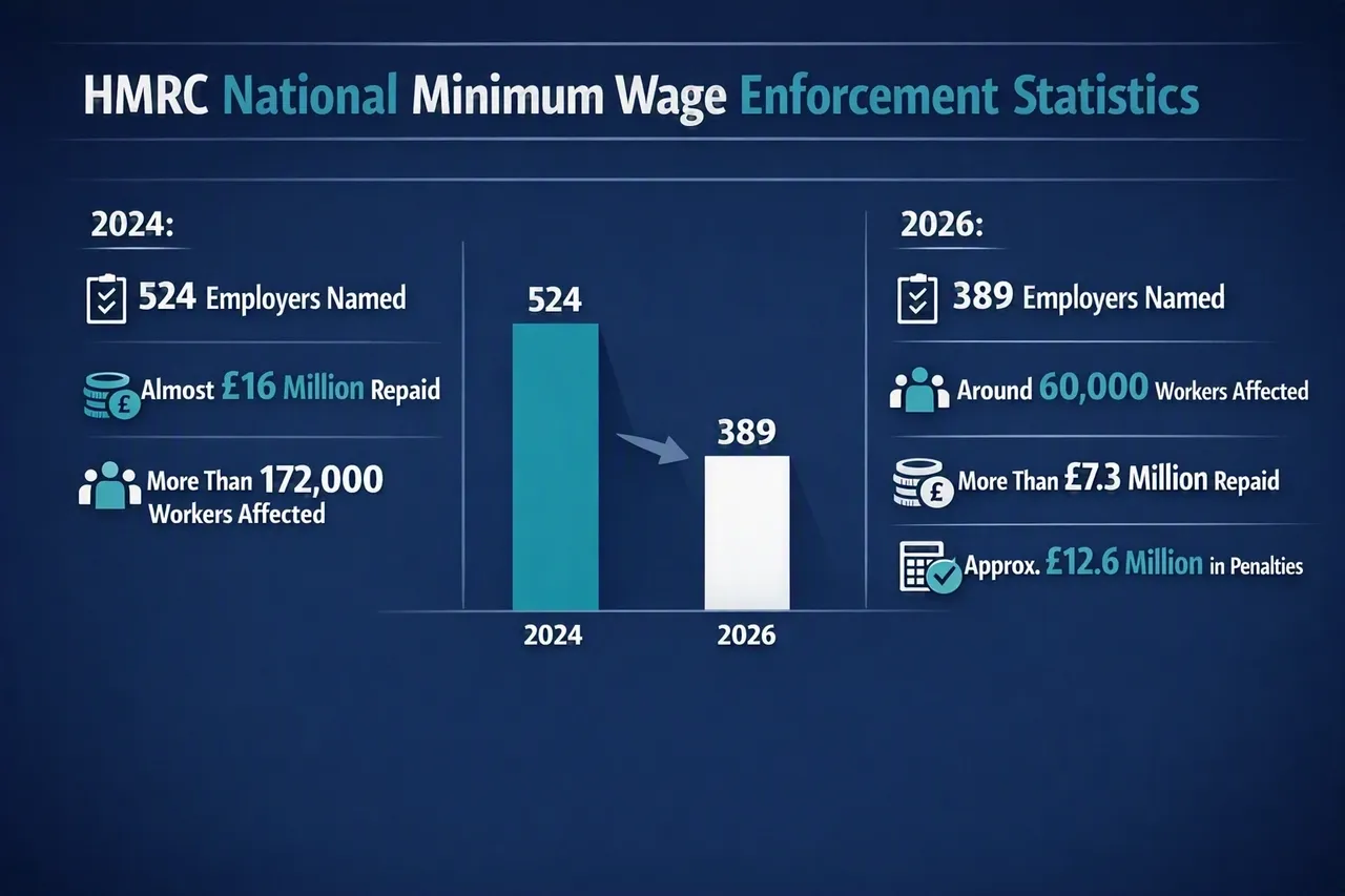 HMRC National Minimum Wage enforcement statistics show hundreds of employers named, millions repaid to workers and significant penalties for payroll compliance failures.