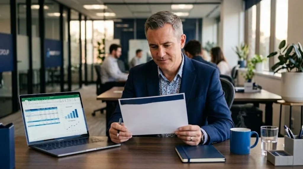 Featured image alt text Business owner reviewing monthly financial KPIs in a management report