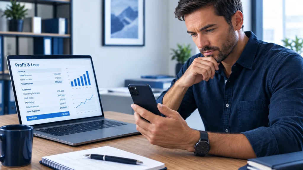 Business owner comparing a profit report with a lower bank balance