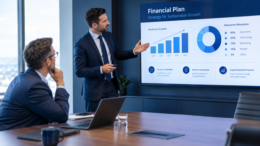 Business owner and finance director reviewing financial plans in a board meeting